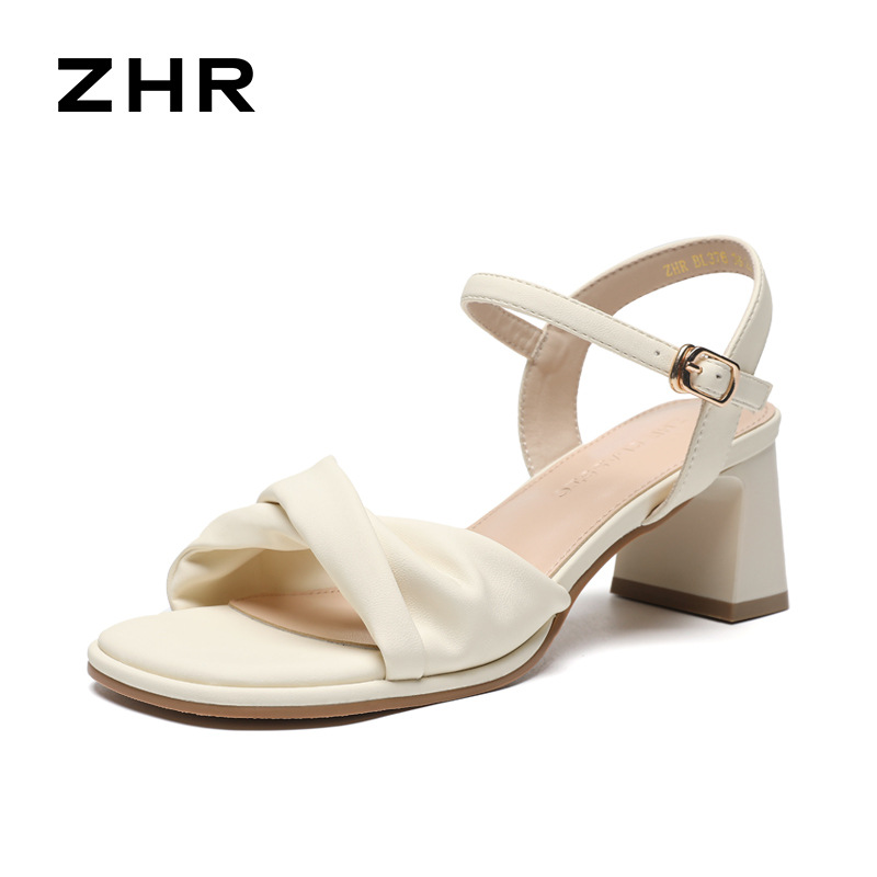 Sandal cao gót nữ quai ngang mũi vuông gót vuông kiểu Pháp — BL376 màu be