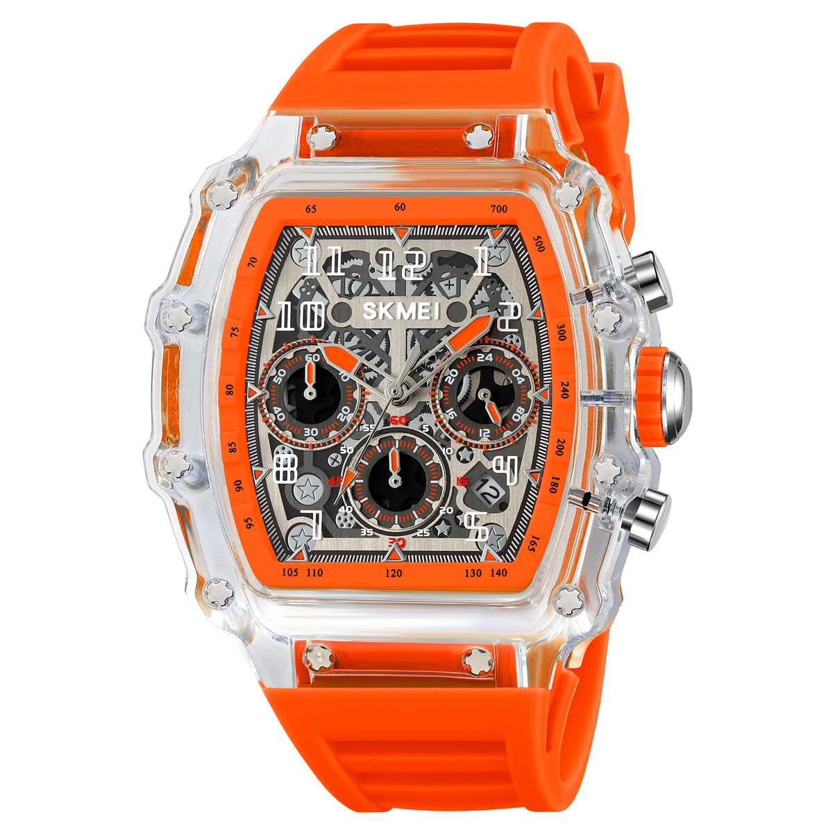 Momento de belleza masculina barril de vino hueco viento mecánico reloj de cuarzo correa de silicona cronógrafo multifuncional reloj de pulsera transfronterizo mayorista