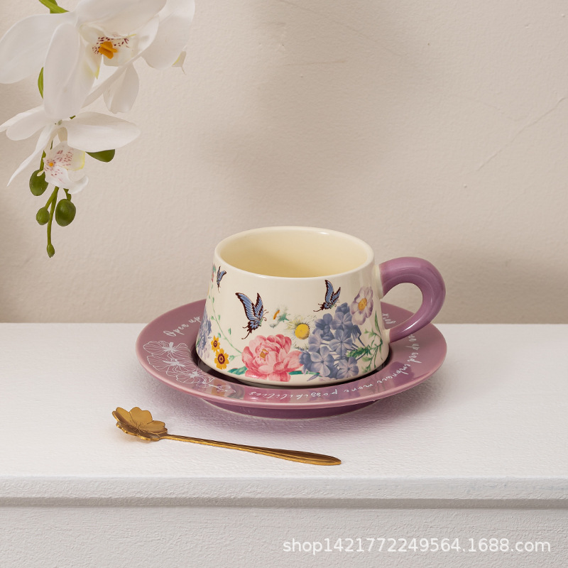 レトロ油絵コーヒーカップ皿セット陶磁器マグカップ小衆カップルカップ蝶コーヒーカップ皿ギフトボックス|undefined
