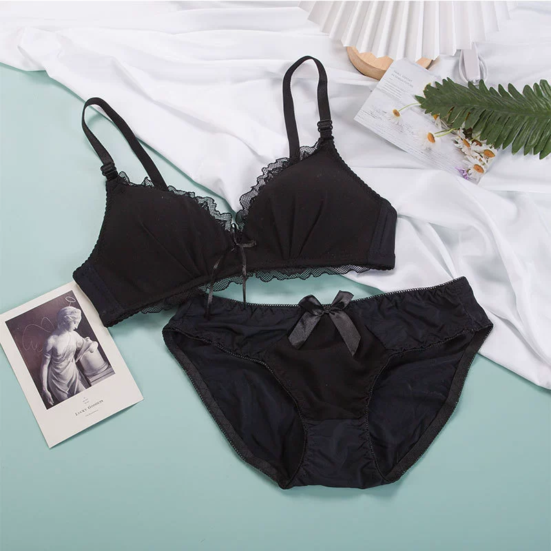 Push‑up wireless bra set, lace trim and bow, thin cups, pretty back, sizes 70AB–85AB