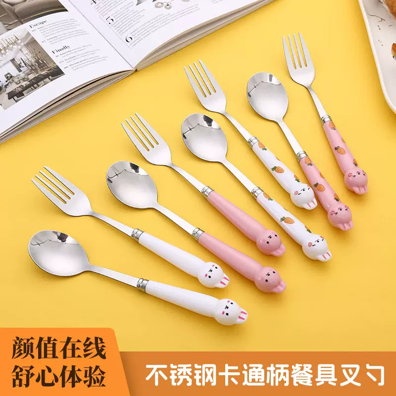 不锈钢卡通猫头叉勺套装家用学生餐具陶瓷手柄甜品勺叉子勺子批发