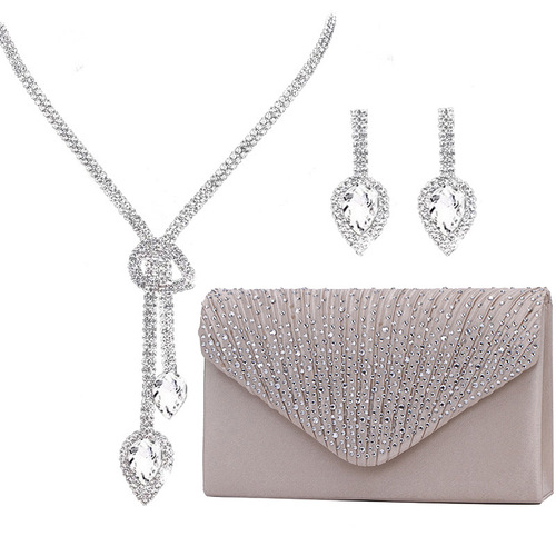 Elegant Bridal Accessories Set: Fringe Earrings, Drop Necklace, and Silk Damask Diamond-embellished Evening Clutch - Three-piece Set for Ladies