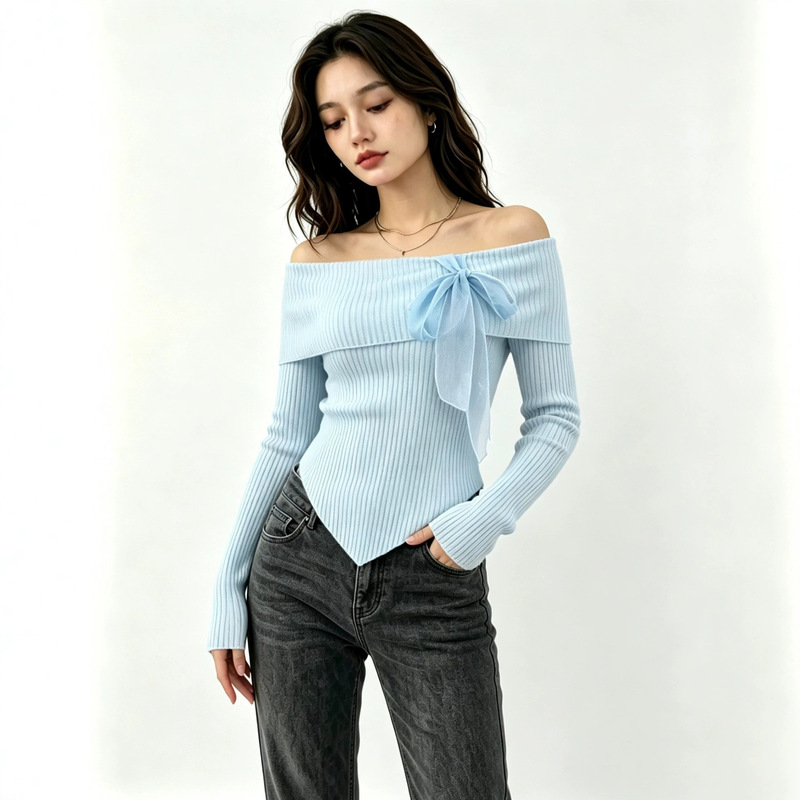 European and American Cross-Border Fashion French-Style One-Shoulder Slim-Fit Ribbed Knit Top with Yarn Bow Design and Exposed Shoulders