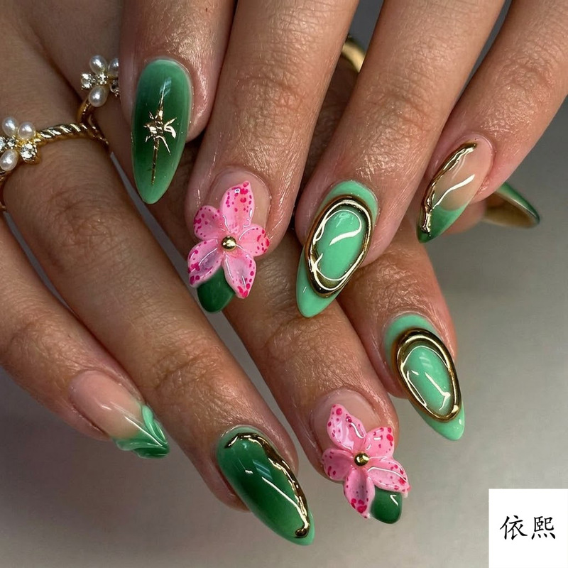 3D Cross-Border Almond-Shaped Wearable Nails with a High-End Feel, Light Luxury Embossed Neon Green Three-Dimensional Carved Nail Art Nail Tips Wholesale