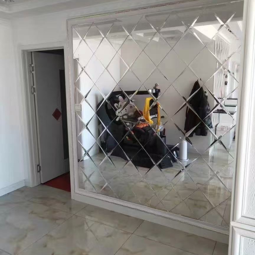 定制艺术玻璃电视背景墙拼镜菱形边框玻璃背景墙菱形银镜茶镜灰镜