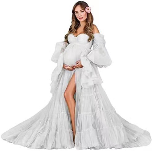 Nuevo cross-border caliente de tela de malla suave para fotos de mujeres embarazadas, vestido de mangas largas, falda de abdomen grande