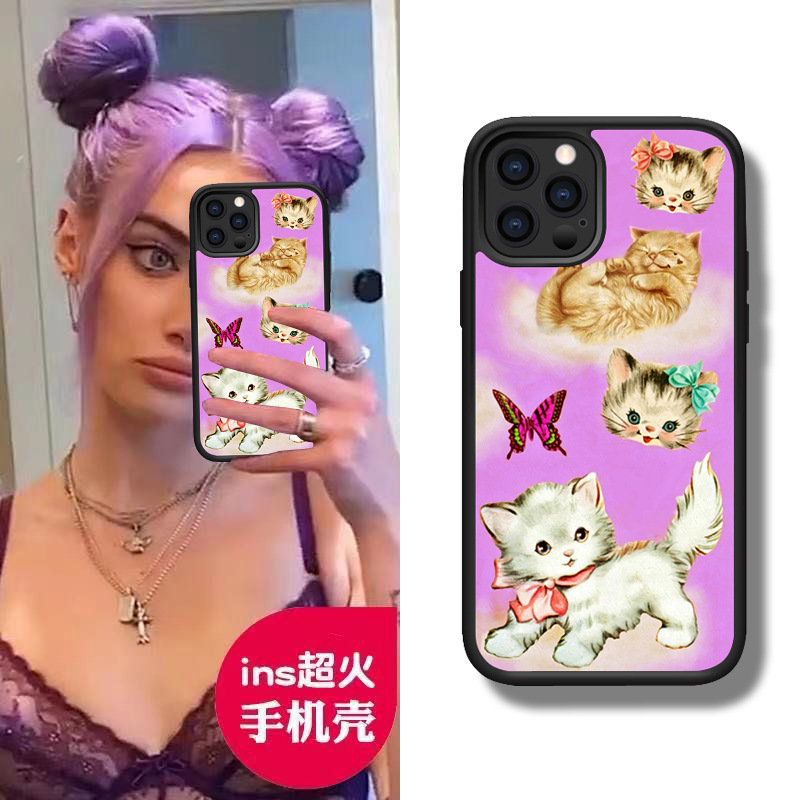 Suitable for iPhone 14/15/16 Apple 17 Pro Max Wildflower Purple Cat Soft Edge Anti-Fall Full-Cover Phone Case