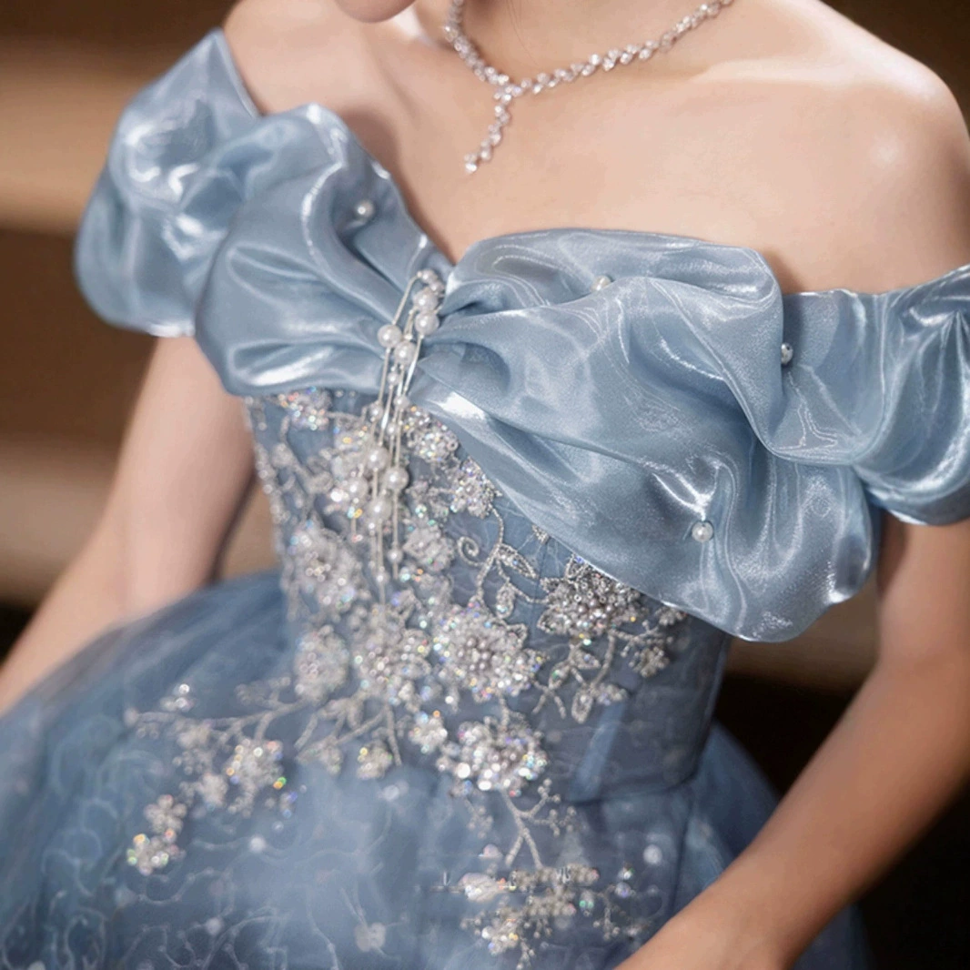 Blue elite evening dress, open shoulders, high-end