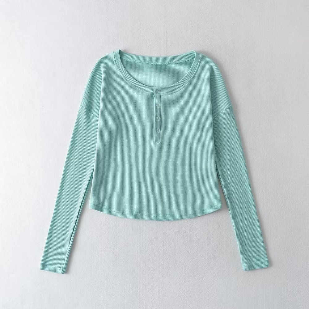 solid color Long Sleeve Round Neck Slim Waffle Loose Cropped T-shirt NSXDX137526