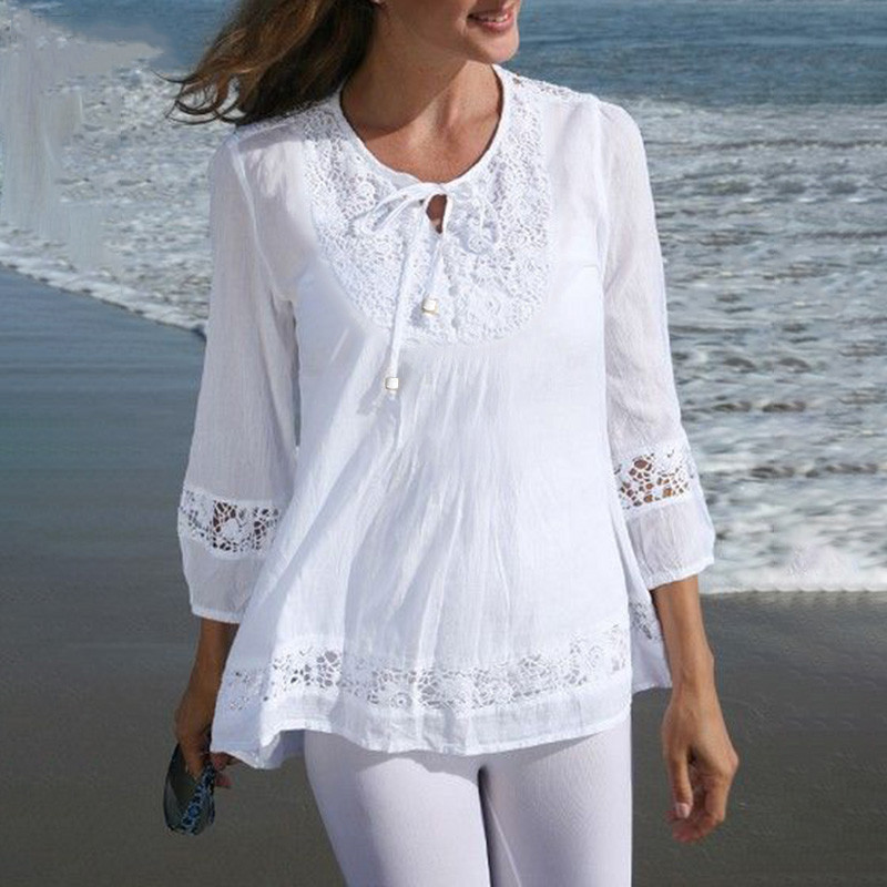 New 2025 Spring and Summer Amazon Cotton and Linen Stitching Lace Elegant European and American 3/4 Sleeve Loose Women's Top T-shirt
