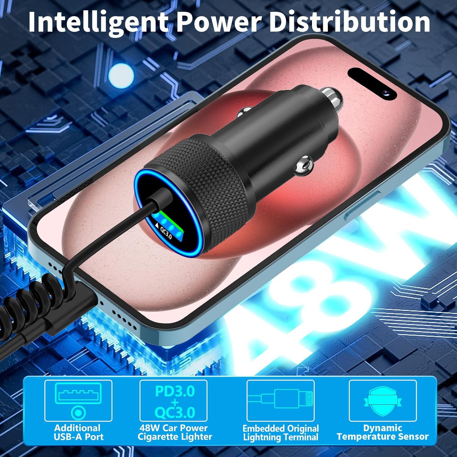 Car Charger Dual Fast Charging Metal Material Super Qc3.0 Spring Cable Suitable for Apple Flash Charging