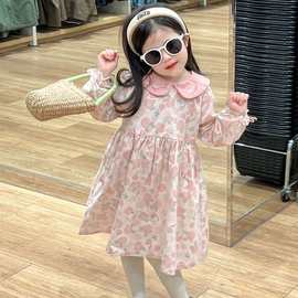 女童秋季新款刺绣娃娃领花朵蝴蝶结袖连衣裙中小儿童洋气公主裙