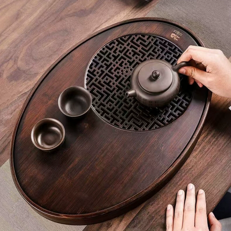 Бамбуковый поднос для чая с дренажем, овальный маленький бытовой поднос, простой поднос для хранения чая с сухими пузырьками воды.