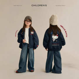 面包仔女童2025秋冬KT猫重工刺绣加绒棒球服外套