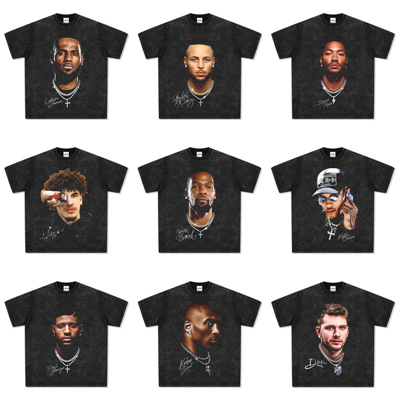 Cross-border Retro MJ Michael Morant Curry Kobe James Print American Vintage Washed Old T-Shirt
