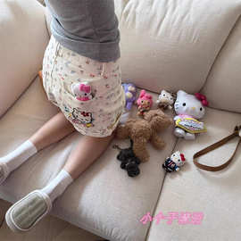 可爱kitty猫刺绣牛仔短裤女夏季新款蝴蝶结碎花高腰显瘦白色热裤