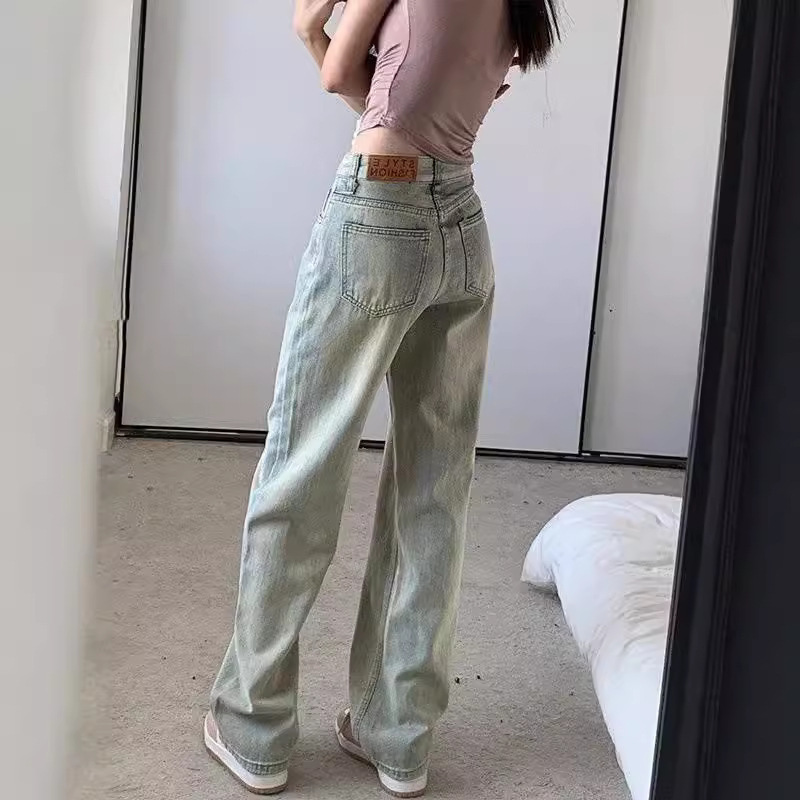 American Light Color Narrow Wide Leg Jeans Women's Autumn High Waist Dagging Loose Straight Pants Autumn