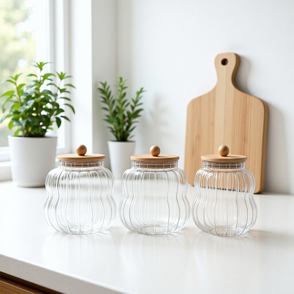 High Borosilicate Glass Striped Bamboo Lid Food Jar Storage Jar Tea Sealed Jar Candy Jar