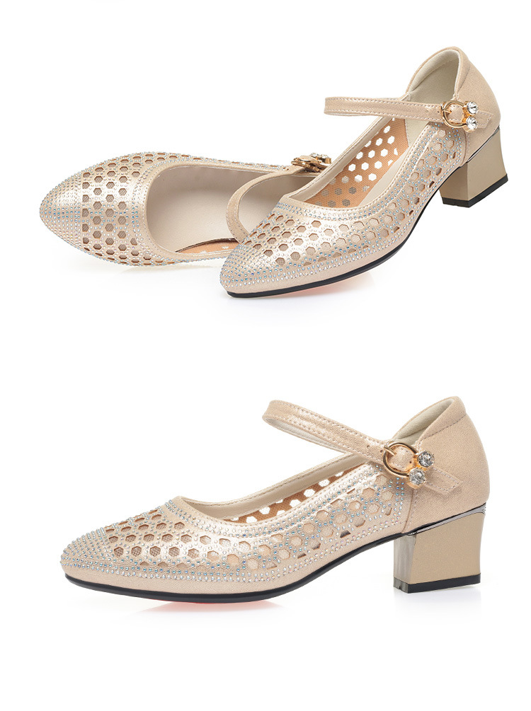 Sandal nữ quai ngang da thật lỗ thoáng mũi kín gót 4.5 cm — Vàng【Gót trung 4.5cm】 chi tiết 11