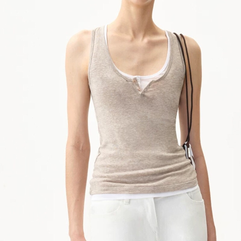 American-Style Spicy Girl Fake Two-Piece Henley Collar Tank Top, Slim Fit, Versatile, Sleeveless Outerwear for Summer