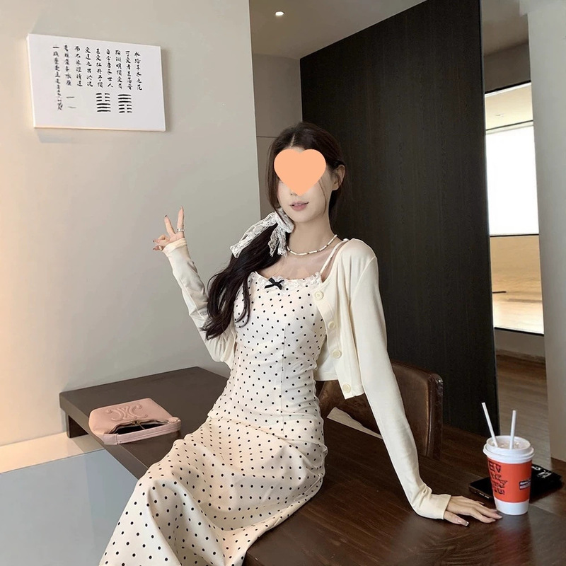French-Style Bowknot White Polka Dot Dress for Women, New Spring and Summer Sweet Set, Cardigan and Long Strap Dress Two-Piece Set