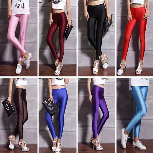 Nine-quarter spring shiny casual high-waist elastic yoga pants for women, wearable slimming nine-quarter candy-colored leggings
