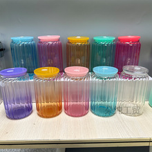 16oz条纹玻璃杯 热升华梅森可乐杯罐吸管单层大容量玻璃渐变水杯