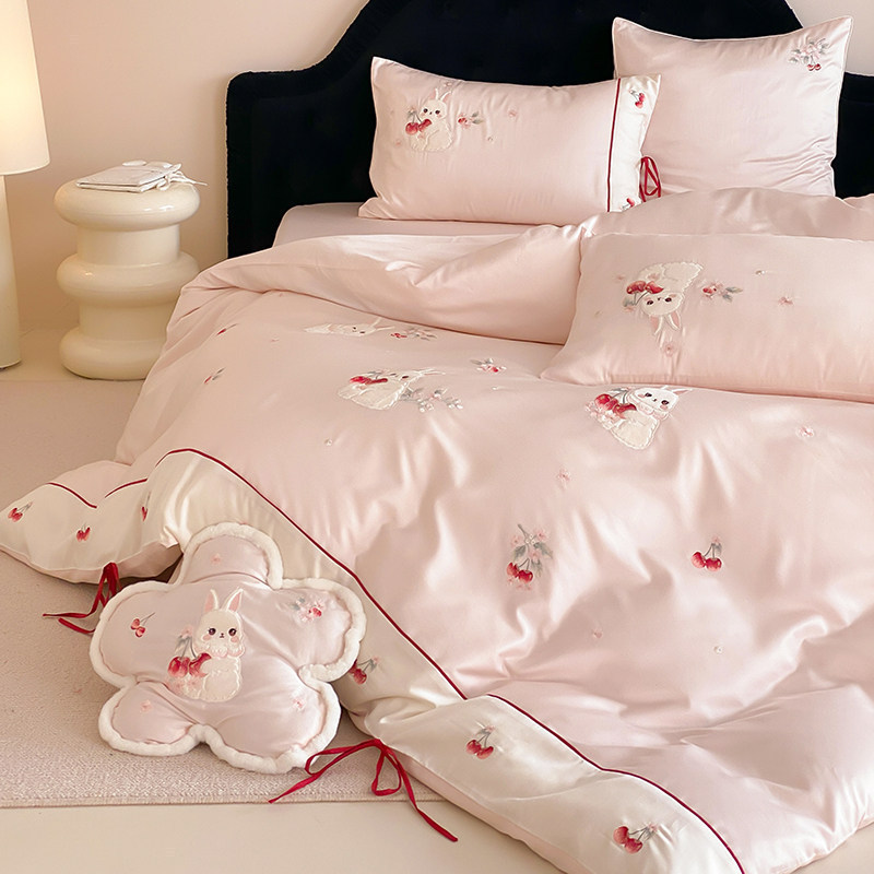 Girly Soft Cotton Four-Piece Set with Sweet Cherry Rabbit Patch Embroidery Quilt Cover and Pure Cotton Bedding 1 Girly Soft Cotton Four-Piece Set with Sweet Cherry Rabbit Patch Embroidery Quilt Cover and Pure Cotton Bedding 1
