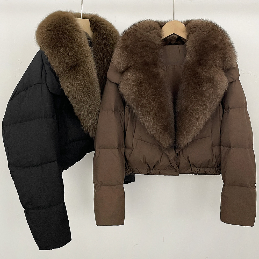 Elegant Short Down Jacket With Fox Fur Trim – Slim-Fit Winter Coat For Women, Detachable Hood & High-End Styling (Black/Brown Options, S/M Sizes)_voghion.com