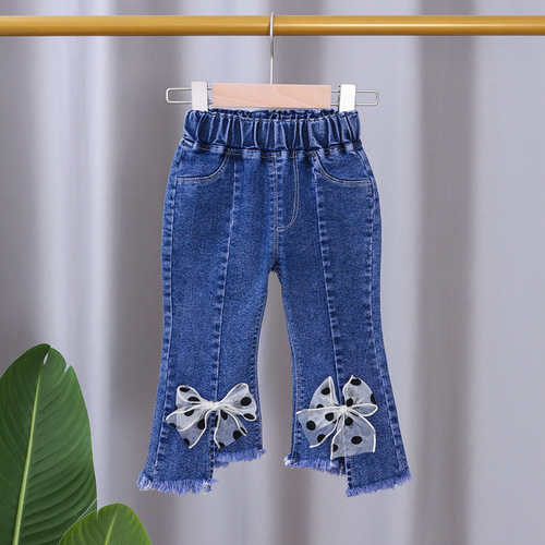 2024 new girls' jeans, fashionable spring and autumn pants for children and middle-aged children, versatile, fashionable, slim and flared pants