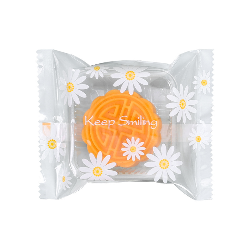 Original fondo blanco transparente Margarita turrón copo de nieve bolsa de embalaje crujiente galleta helado pastel de Luna yema de huevo crujiente máquina sello bolsa