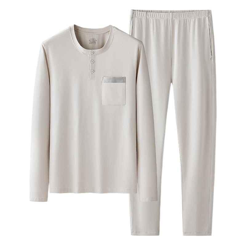 Nuevo estilo de algodón Mo pantalones de manga larga para hombre, traje de pijama, cuello redondo, estilo delgado, bolsillo para salir, servicio a domicilio en stock