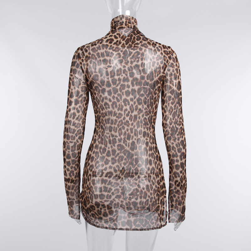 Leopard Print Long Sleeve Split Dress nihaostyle clothing wholesale NSFLY69228