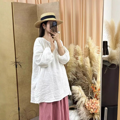 2025春の韓国版のゆったりとした文芸範亜麻の小さいvネックのひもの中の長いタイプの頭の子供のシャツの百合の上着の女性