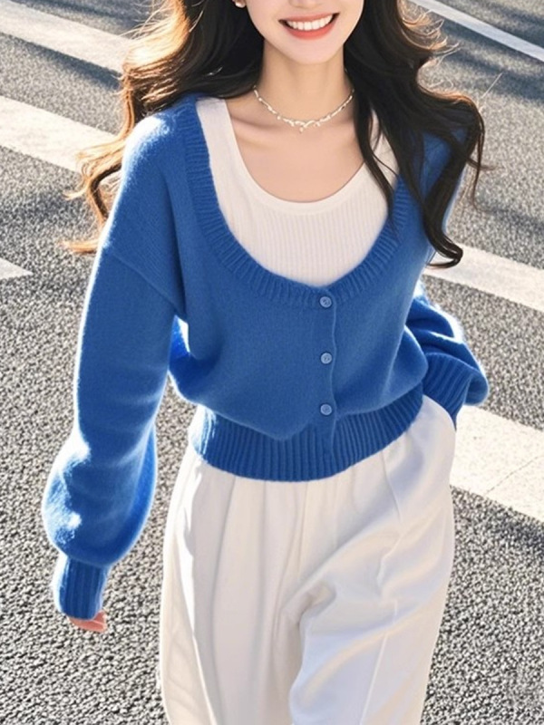减龄上衣蓝色假两件针织衫女秋季新款今年流行的漂亮小衫|undefined