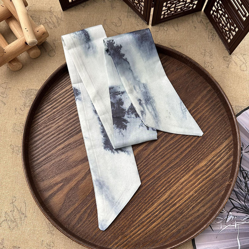 Bufandas de seda largas mujeres dibujo de hoja de bambú estilo antiguo chino nuevo cinturón de cabello adornamiento de cabello pintura de tinta de estilo chino correa bufandas cinturón