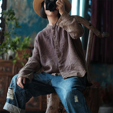 新款落古泥复古皱皱棉宽松文艺百搭衬衫新中式改良小衫1962咖