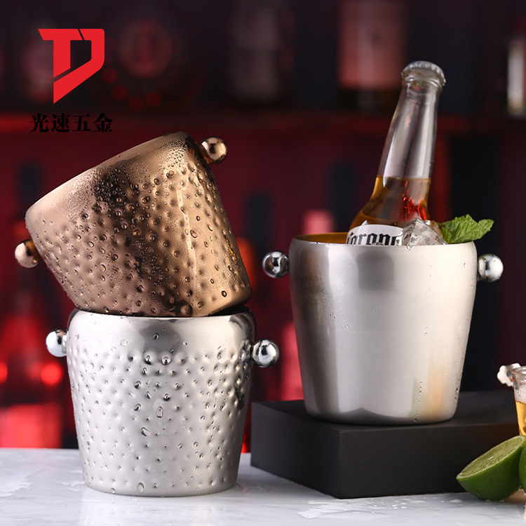 Cubo de hielo portátil de acero inoxidable con doble asa para enfriar cerveza, cubitos de hielo, vino de bar, champán, pollo frito y aperitivos.