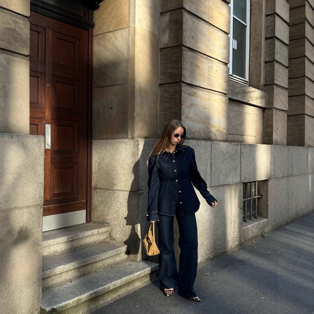 Women's Lapel Denim Shirt And Trousers Set European And American Style Spring New Clothing Cross Border 2025_ecoleips.com
