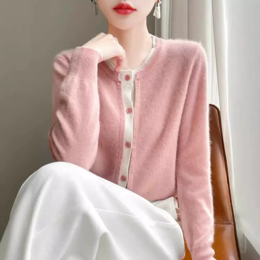 100羊毛假两件开衫女拼色圆领长袖羊绒外套宽松甜美外搭加厚毛衣