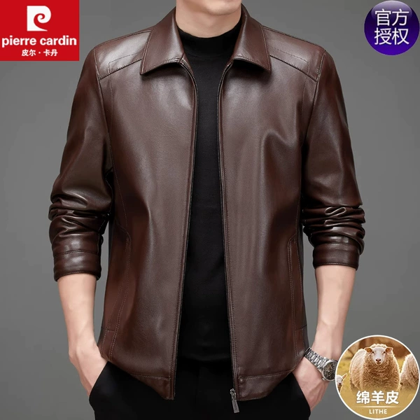 Lapel red brown single leather jacket