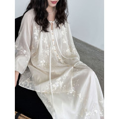 鹿西新中国風刺繍シャツ半スカートセット女性夏新作重工日焼け止め2点セット5114