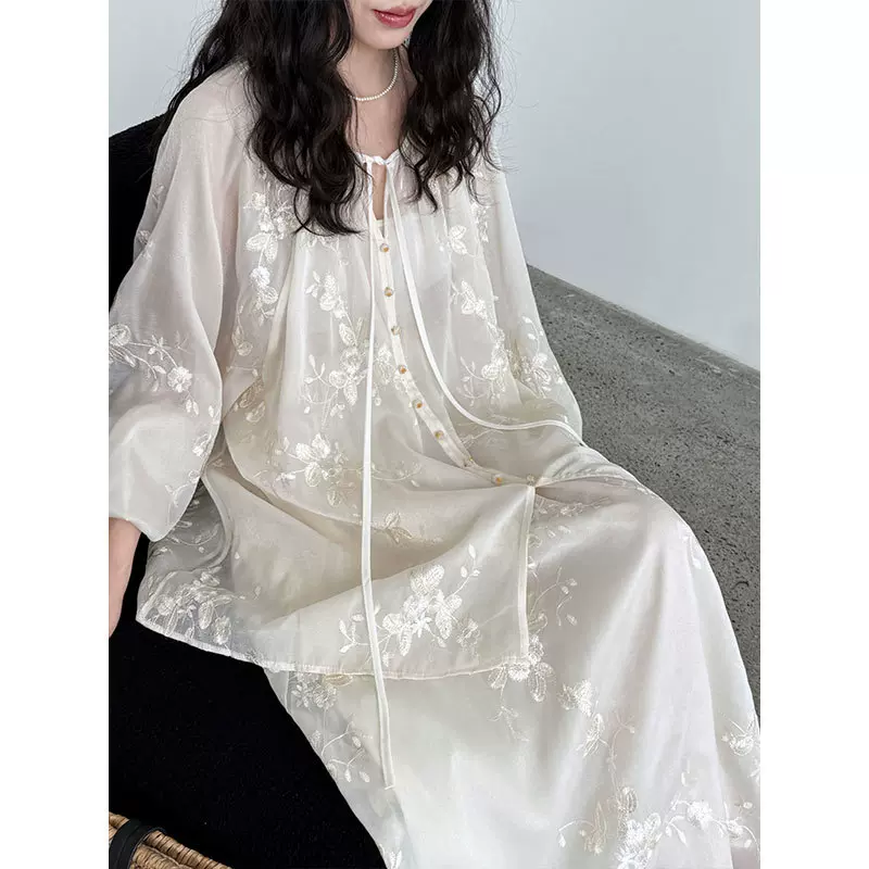 鹿西 新中式国风刺绣衬衫半裙套装女夏季新款重工防晒两件套5114