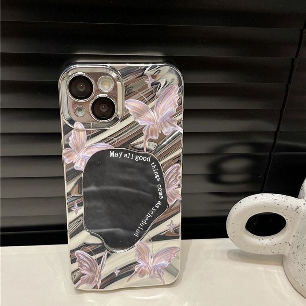 梦幻粉色蝴蝶镜面适用iPhone16/15手机壳苹果11电镀14/13镜面12