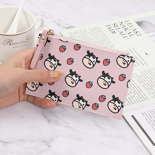 Small Wallet for Women, Korean Version, New Cute Cow Design, Ultra-Thin Zero Wallet, Zipper Multi-Card Slot, Large Capacity Portable Money Clip for Women
