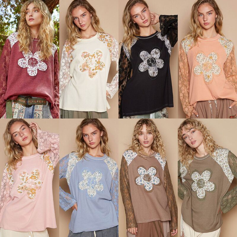Amazon autumn and winter new cross-border European and American women's lace sleeve stitching top women's flower patch long sleeve T-shirt women