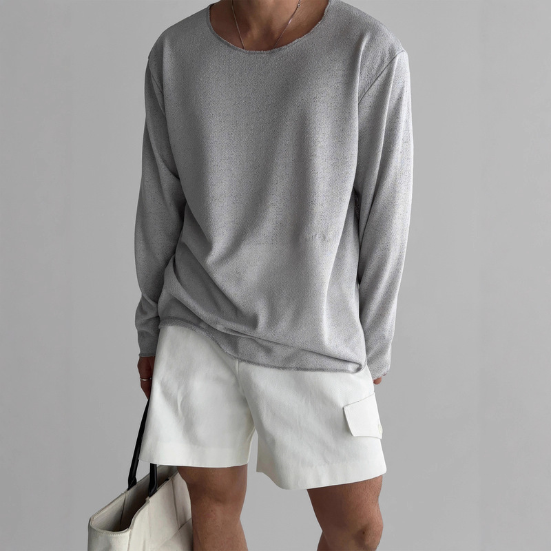 Light and Mature Style Summer Lightweight Knitted T-Shirt Men's Loose Long-Sleeved Sun Protection Blouse American T-Shirt Casual and Breathable