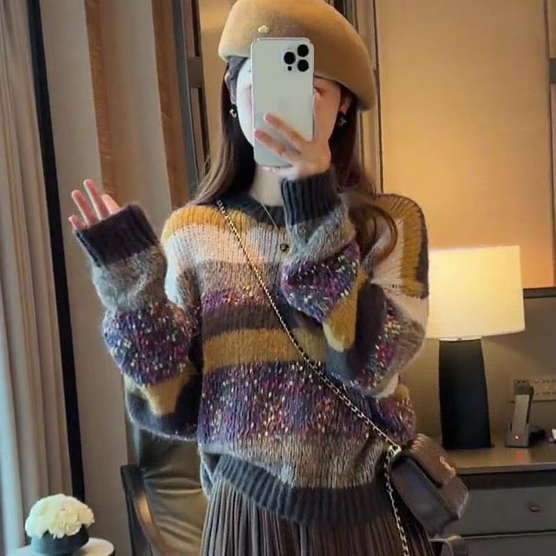 彩虹色条纹减龄毛衣女套头2025秋冬季新款撞色软糯慵懒宽松针织衫|undefined