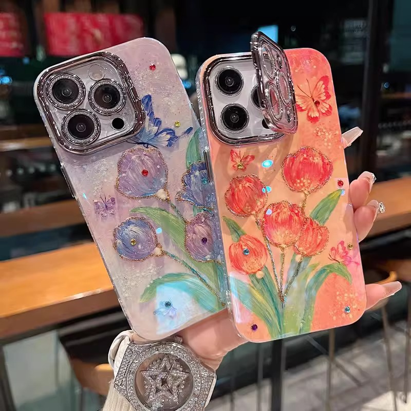 Hermosa pintura al óleo in tulipán mariposa para iPhone15 niña 16ProMax Apple 14/13 funda para teléfono móvil
