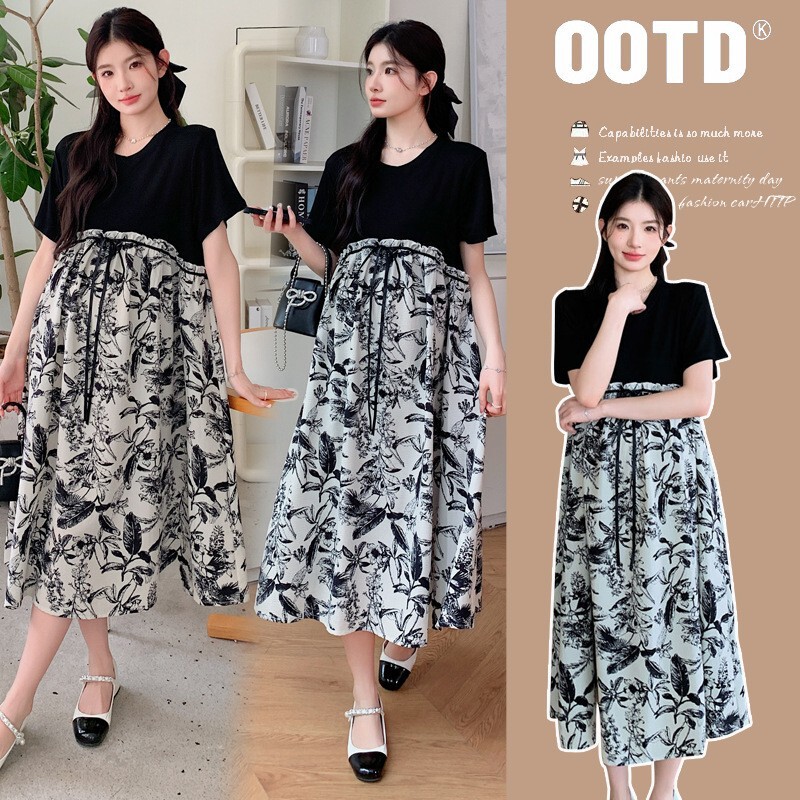 Pregnant Women's Summer Dress National Style Design Long Skirt 2025 New Summer Short-sleeved Stitching Fake Two-piece Floral dress